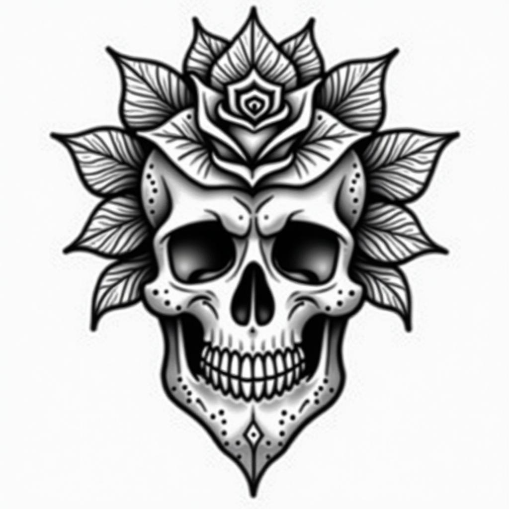 Music rose skullin dotwork style tattoo, complex mandala patterns, interlocking geometric shapes with sharp symmetry, clean lines, sharp angles