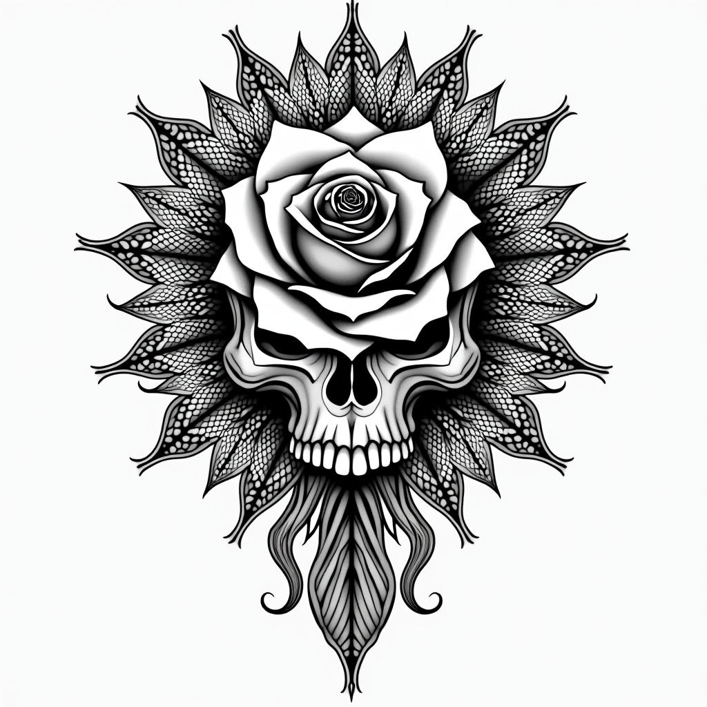 Music rose skullin dotwork style tattoo, complex mandala patterns, interlocking geometric shapes with sharp symmetry, clean lines, sharp angles - Variation 4