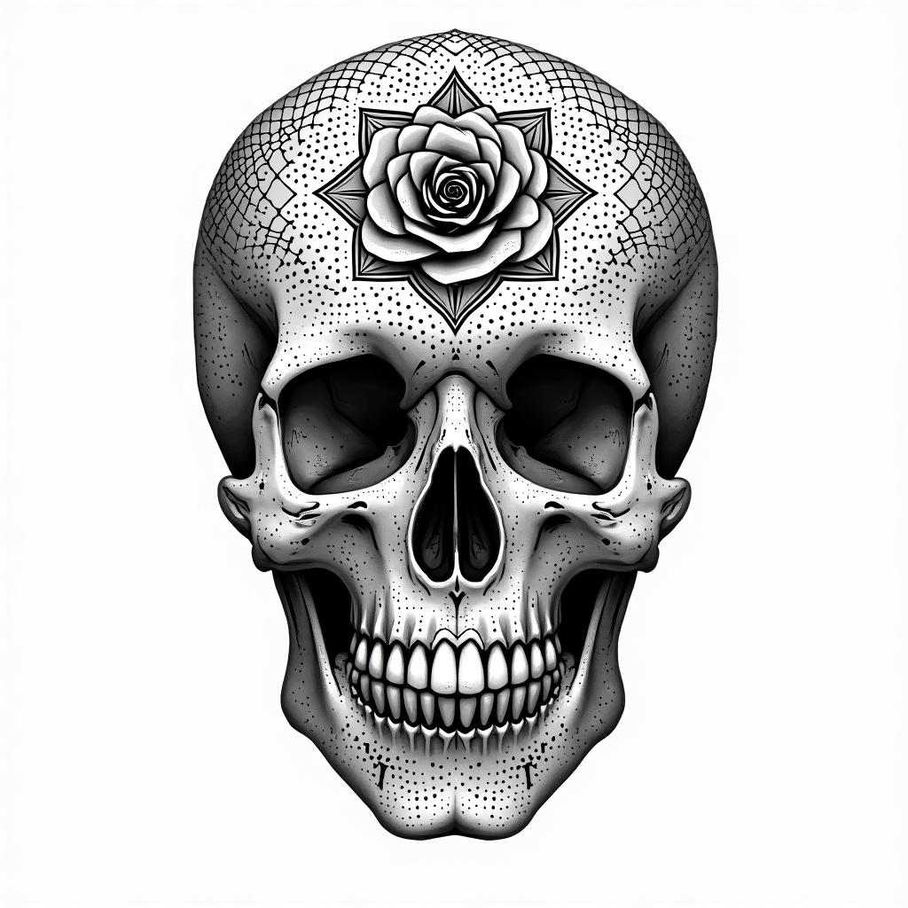 Music rose skullin dotwork style tattoo, complex mandala patterns, interlocking geometric shapes with sharp symmetry, clean lines, sharp angles - Variation 3