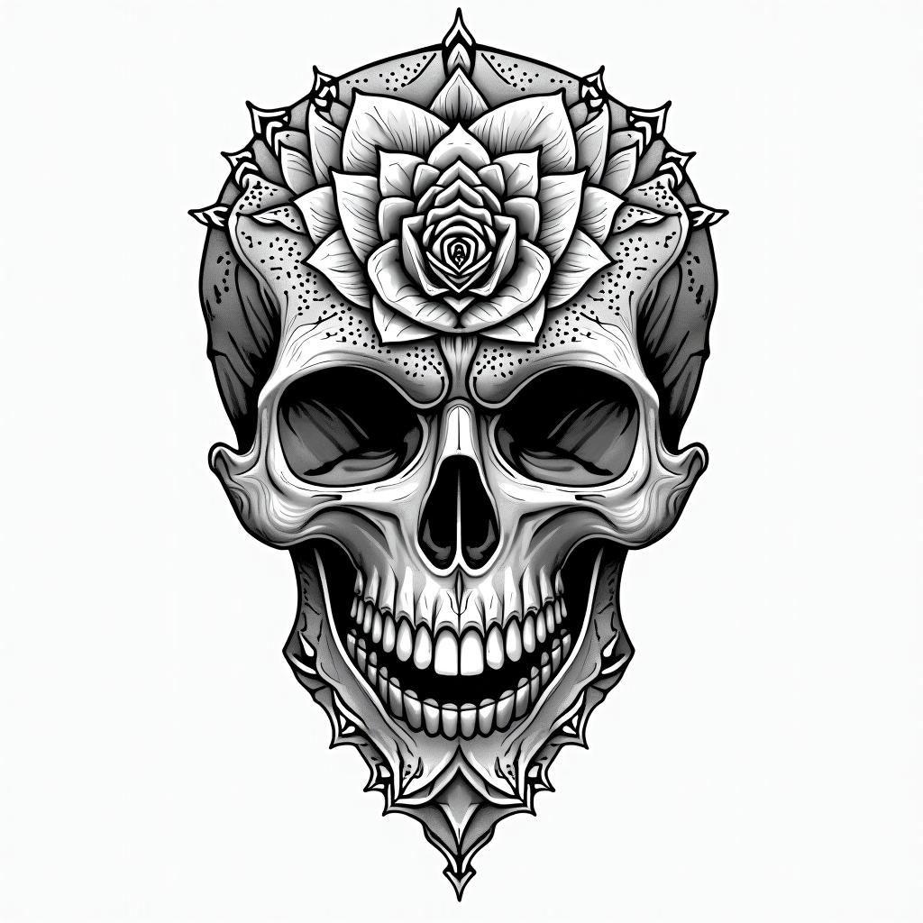Music rose skullin dotwork style tattoo, complex mandala patterns, interlocking geometric shapes with sharp symmetry, clean lines, sharp angles - Variation 2