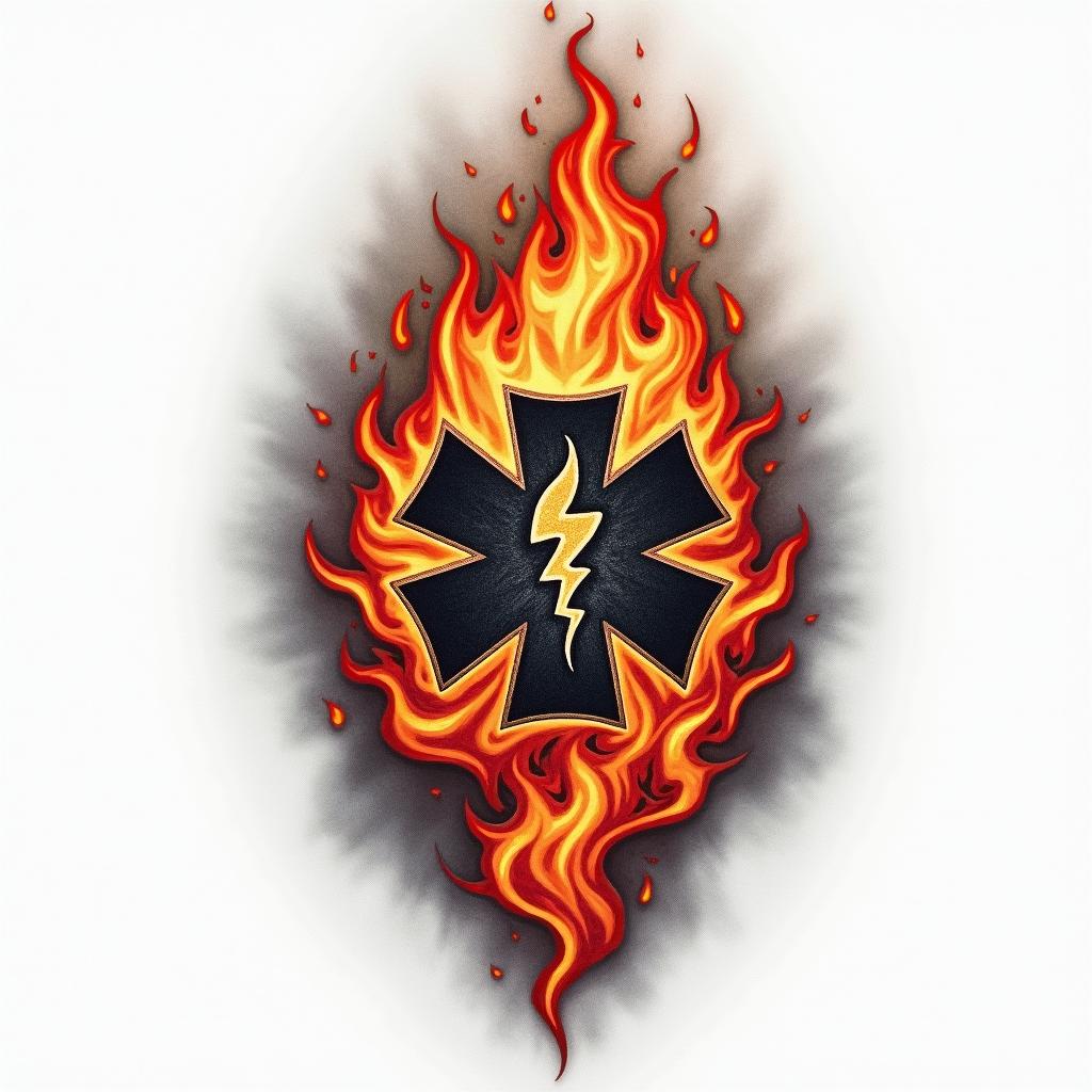 Emergency medical servicesin flame tattoo style showcasing fiery elements with dynamic flame patterns, glowing effect of flames, natural colors - Variation 2