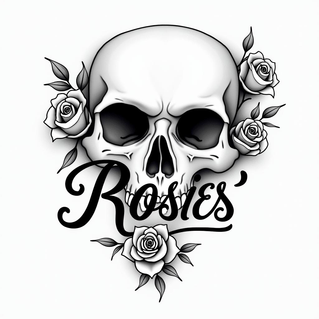 Music rose skullin elegant cursive calligraphy style 2d tattoo, decorate with roses, featuring a smooth and flowing handwritten script with slightly thickened strokes for a luxurious and bold appearance, heart symbol between names, sleek and glossy black text with shadowing, minimalist matte white background, clean and sharp edges, illuminated with soft lighting, romantic, 8k, high-quality textures with refined typography - Variation 2