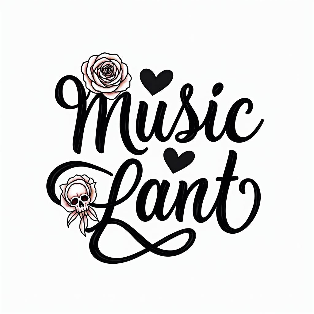 Music rose skullin elegant cursive calligraphy style 2d tattoo, decorate with roses, featuring a smooth and flowing handwritten script with slightly thickened strokes for a luxurious and bold appearance, heart symbol between names, sleek and glossy black text with shadowing, minimalist matte white background, clean and sharp edges, illuminated with soft lighting, romantic, 8k, high-quality textures with refined typography - Variation 1