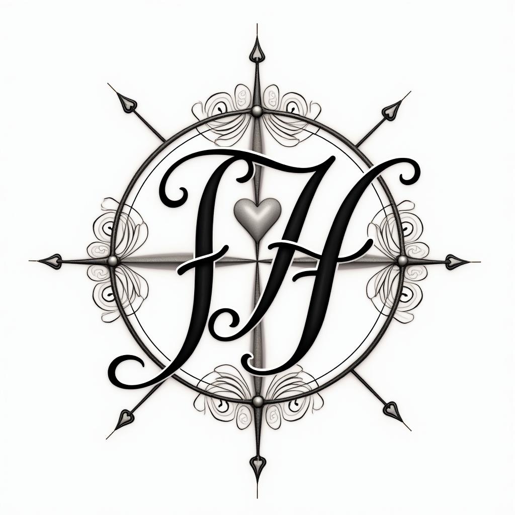 Halber compass with initials H F Hin elegant cursive calligraphy style 2d tattoo, decorate with roses, featuring a smooth and flowing handwritten script with slightly thickened strokes for a luxurious and bold appearance, heart symbol between names, sleek and glossy black text with shadowing, minimalist matte white background, clean and sharp edges, illuminated with soft lighting, romantic, 8k, high-quality textures with refined typography - Variation 4