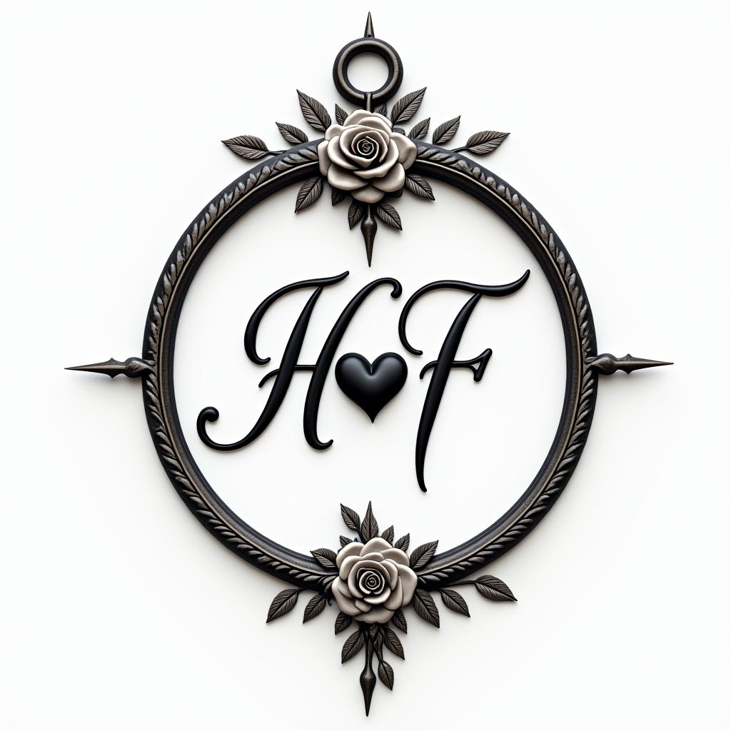 Halber compass with initials H F Hin elegant cursive calligraphy style 2d tattoo, decorate with roses, featuring a smooth and flowing handwritten script with slightly thickened strokes for a luxurious and bold appearance, heart symbol between names, sleek and glossy black text with shadowing, minimalist matte white background, clean and sharp edges, illuminated with soft lighting, romantic, 8k, high-quality textures with refined typography - Variation 3