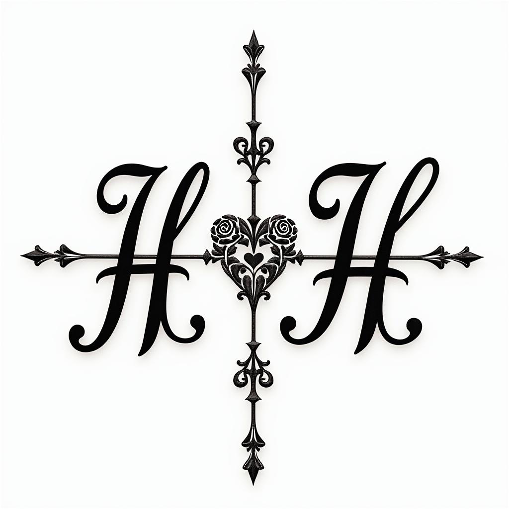 Halber compass with initials H F Hin elegant cursive calligraphy style 2d tattoo, decorate with roses, featuring a smooth and flowing handwritten script with slightly thickened strokes for a luxurious and bold appearance, heart symbol between names, sleek and glossy black text with shadowing, minimalist matte white background, clean and sharp edges, illuminated with soft lighting, romantic, 8k, high-quality textures with refined typography