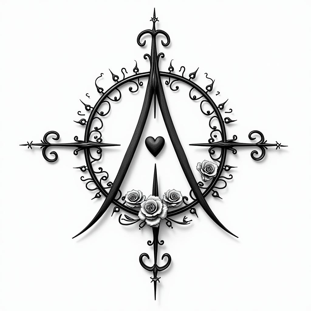 Halber compass with initials H F Hin elegant cursive calligraphy style 2d tattoo, decorate with roses, featuring a smooth and flowing handwritten script with slightly thickened strokes for a luxurious and bold appearance, heart symbol between names, sleek and glossy black text with shadowing, minimalist matte white background, clean and sharp edges, illuminated with soft lighting, romantic, 8k, high-quality textures with refined typography - Variation 2