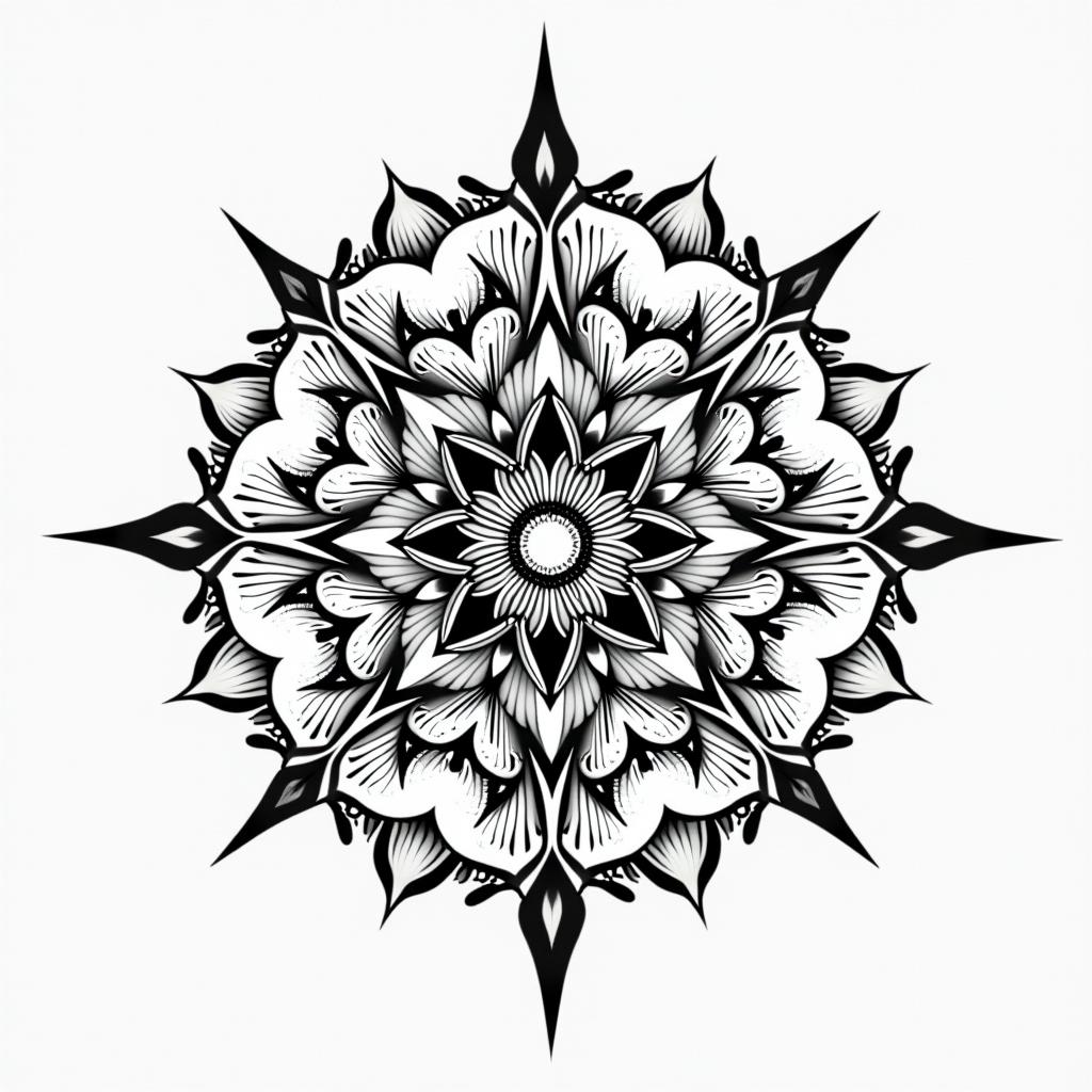 Cool lookingin dotwork style tattoo, complex mandala patterns, interlocking geometric shapes with sharp symmetry, clean lines, sharp angles - Variation 3