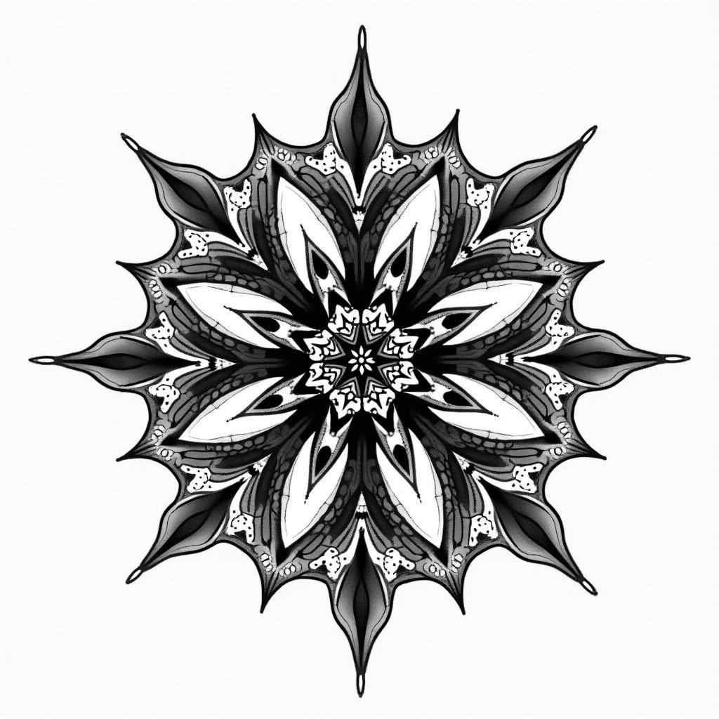 Cool lookingin dotwork style tattoo, complex mandala patterns, interlocking geometric shapes with sharp symmetry, clean lines, sharp angles - Variation 2