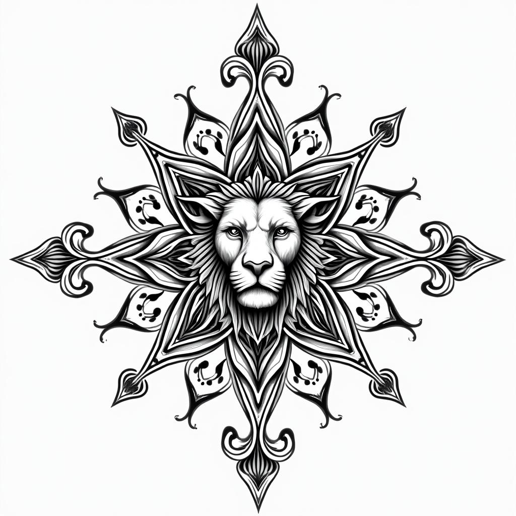 Leo constellationin dotwork style tattoo, complex mandala patterns, interlocking geometric shapes with sharp symmetry, clean lines, sharp angles - Variation 1