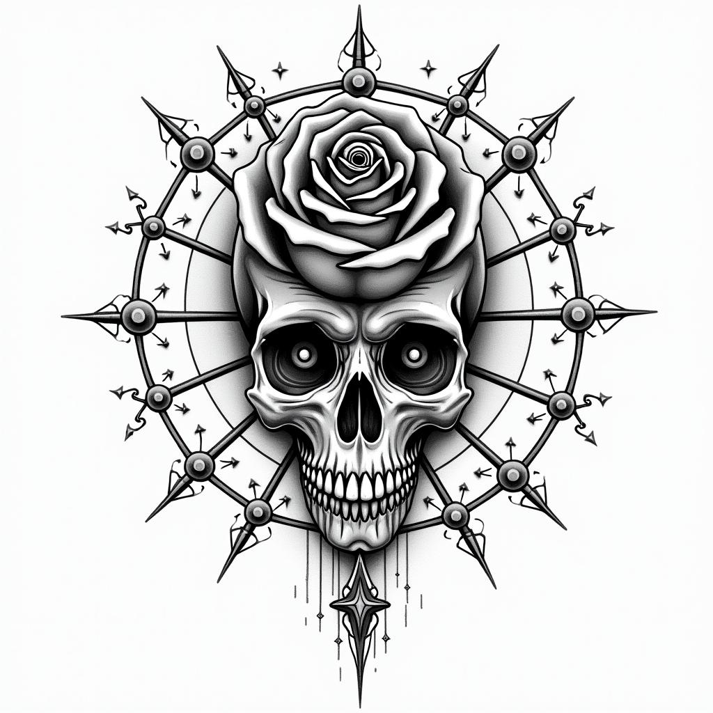 Music rose skullin prophecy tattoo style, featuring mystical symbols, celestial imagery like stars, moons, suns, geometric patterns, foretelling elements, an eye of wisdom - Variation 3