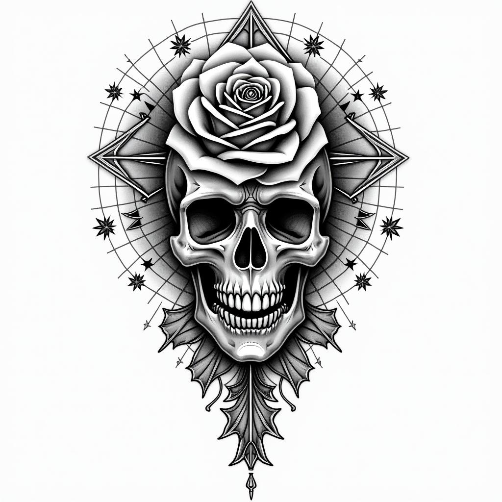 Music rose skullin prophecy tattoo style, featuring mystical symbols, celestial imagery like stars, moons, suns, geometric patterns, foretelling elements, an eye of wisdom - Variation 4