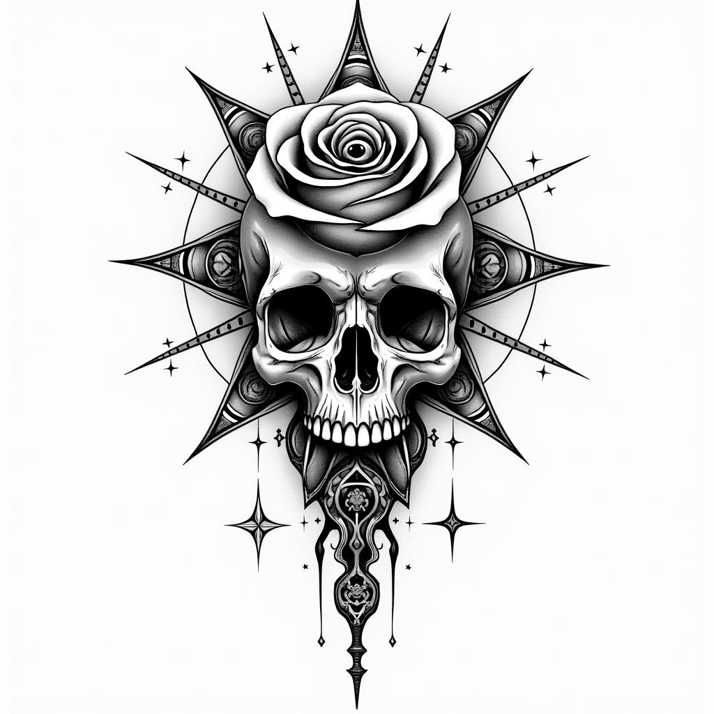 Music rose skullin prophecy tattoo style, featuring mystical symbols, celestial imagery like stars, moons, suns, geometric patterns, foretelling elements, an eye of wisdom - Variation 2