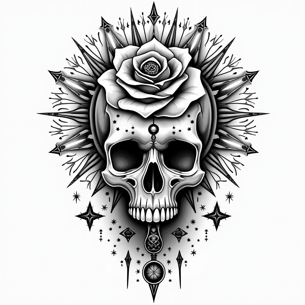 Music rose skullin prophecy tattoo style, featuring mystical symbols, celestial imagery like stars, moons, suns, geometric patterns, foretelling elements, an eye of wisdom