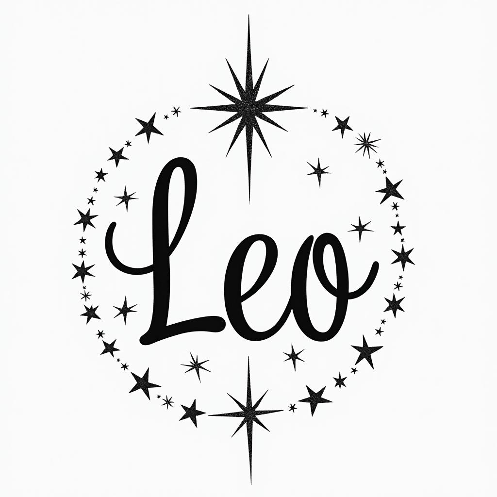 Leo constellationminimalist text-based tattoo, Monospace font ultra-realistic, perfectly placed, high-quality font design, photo-realistic shading, 8k, high quality, finely detailed typograph - Variation 2