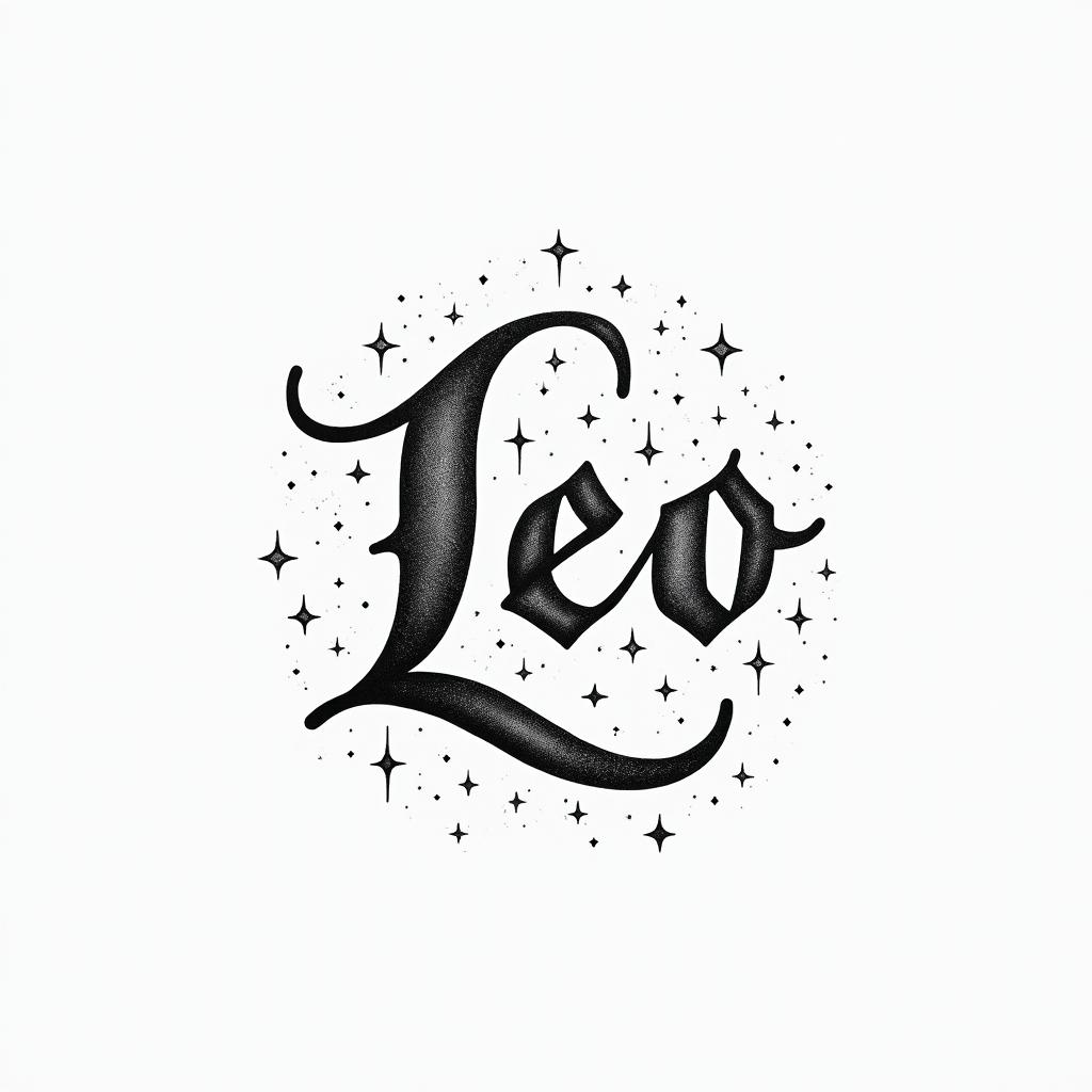 Leo constellationminimalist text-based tattoo, Monospace font ultra-realistic, perfectly placed, high-quality font design, photo-realistic shading, 8k, high quality, finely detailed typograph