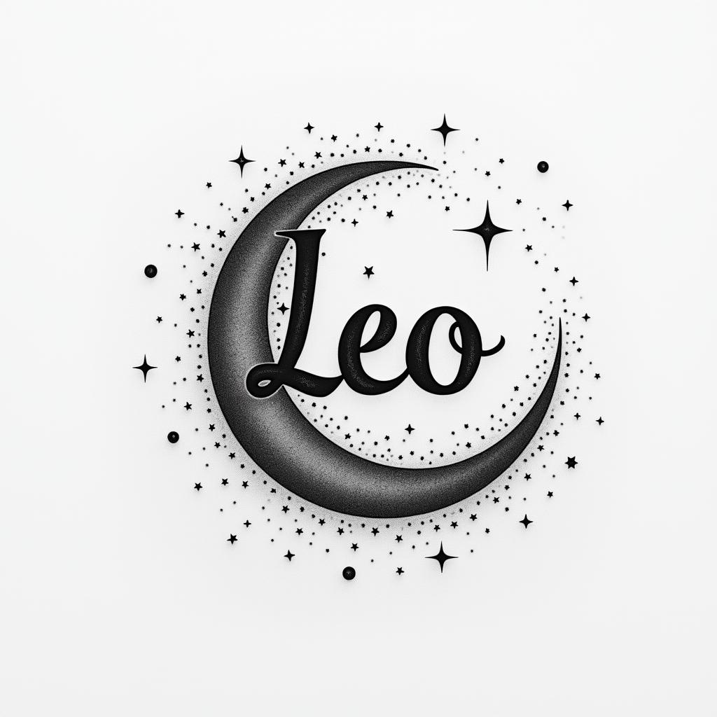 Leo constellationminimalist text-based tattoo, Monospace font ultra-realistic, perfectly placed, high-quality font design, photo-realistic shading, 8k, high quality, finely detailed typograph - Variation 4