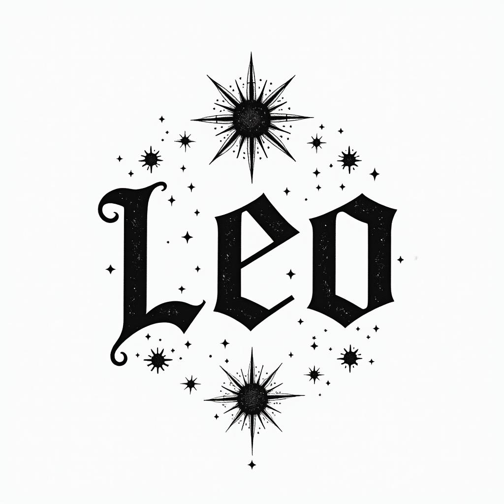 Leo constellationminimalist text-based tattoo, Monospace font ultra-realistic, perfectly placed, high-quality font design, photo-realistic shading, 8k, high quality, finely detailed typograph - Variation 3