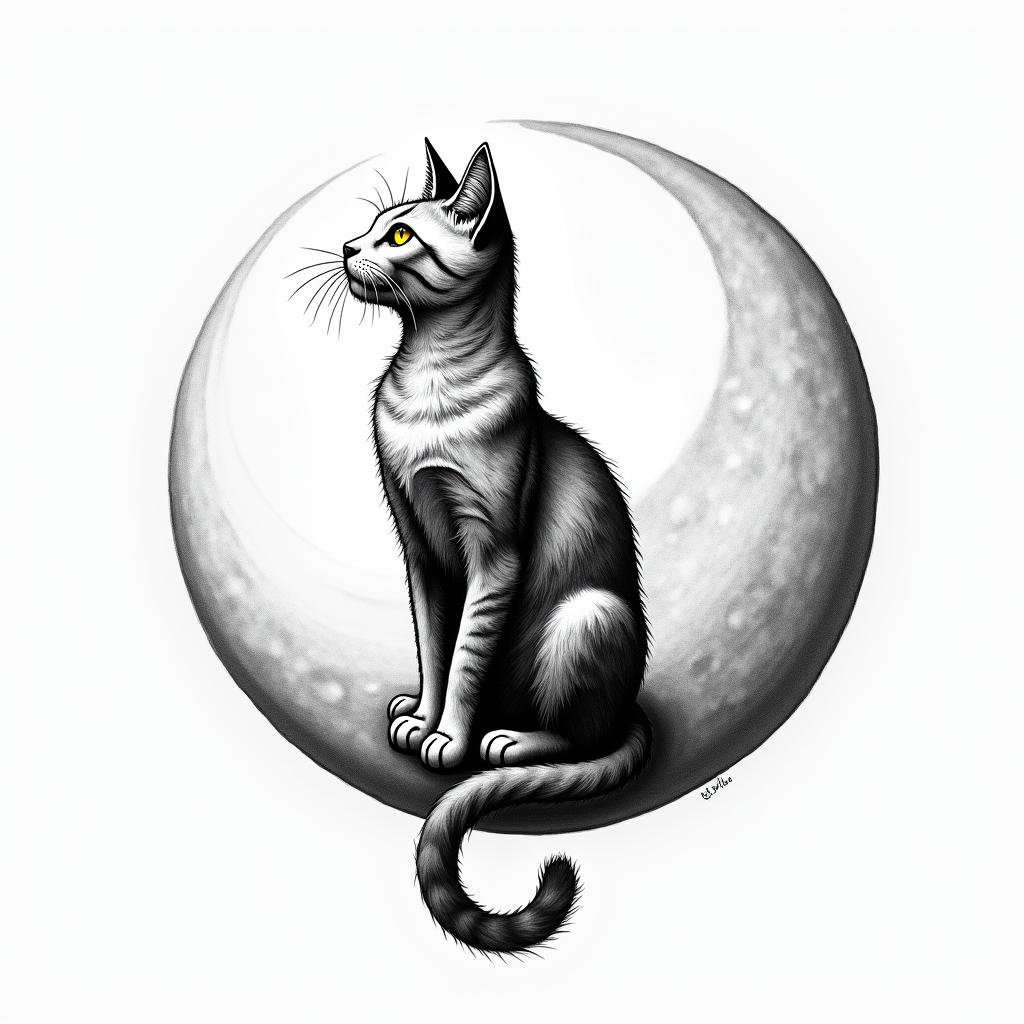 Cat sitting on moonhigly detailed tattoo