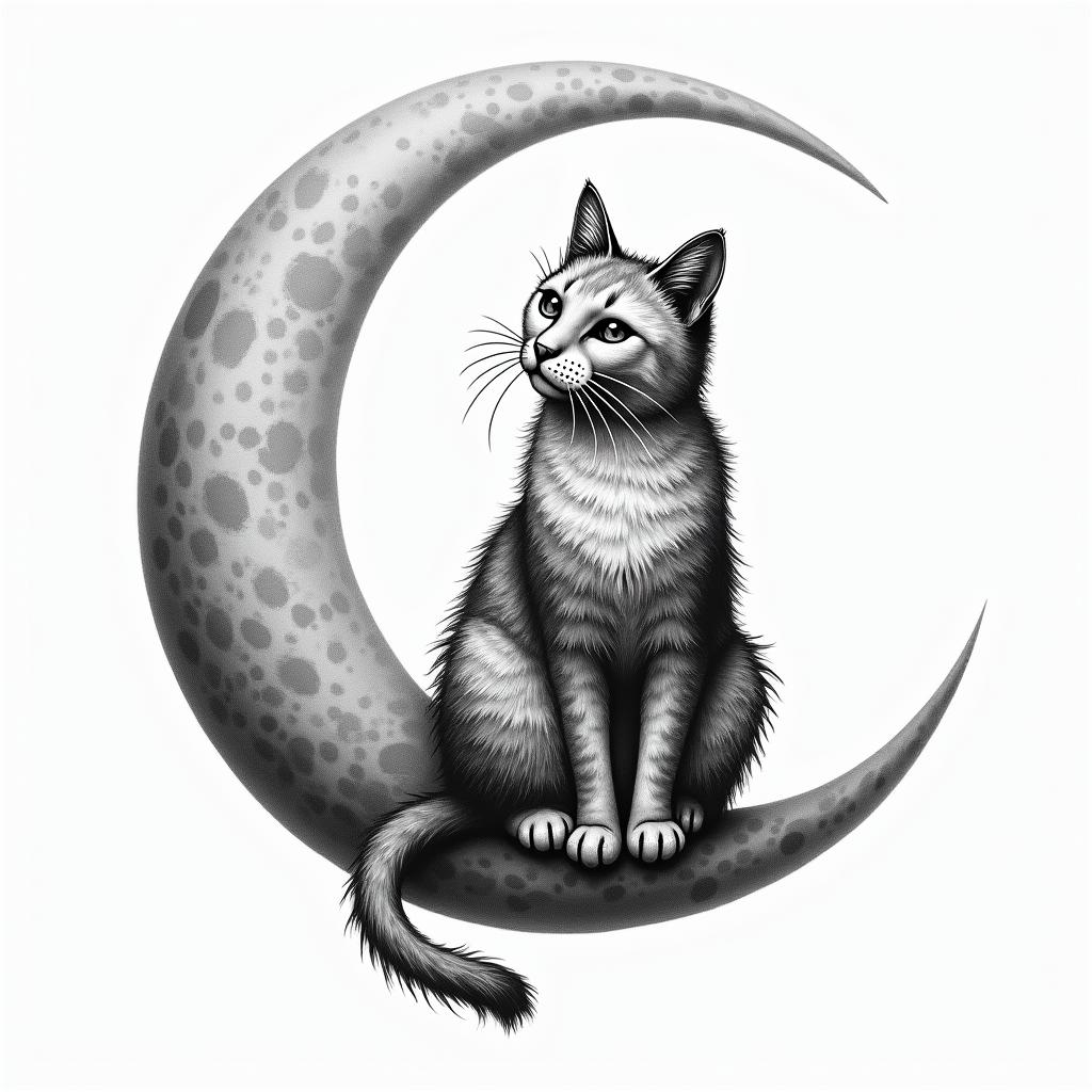 Cat sitting on moonhigly detailed tattoo - Variation 2