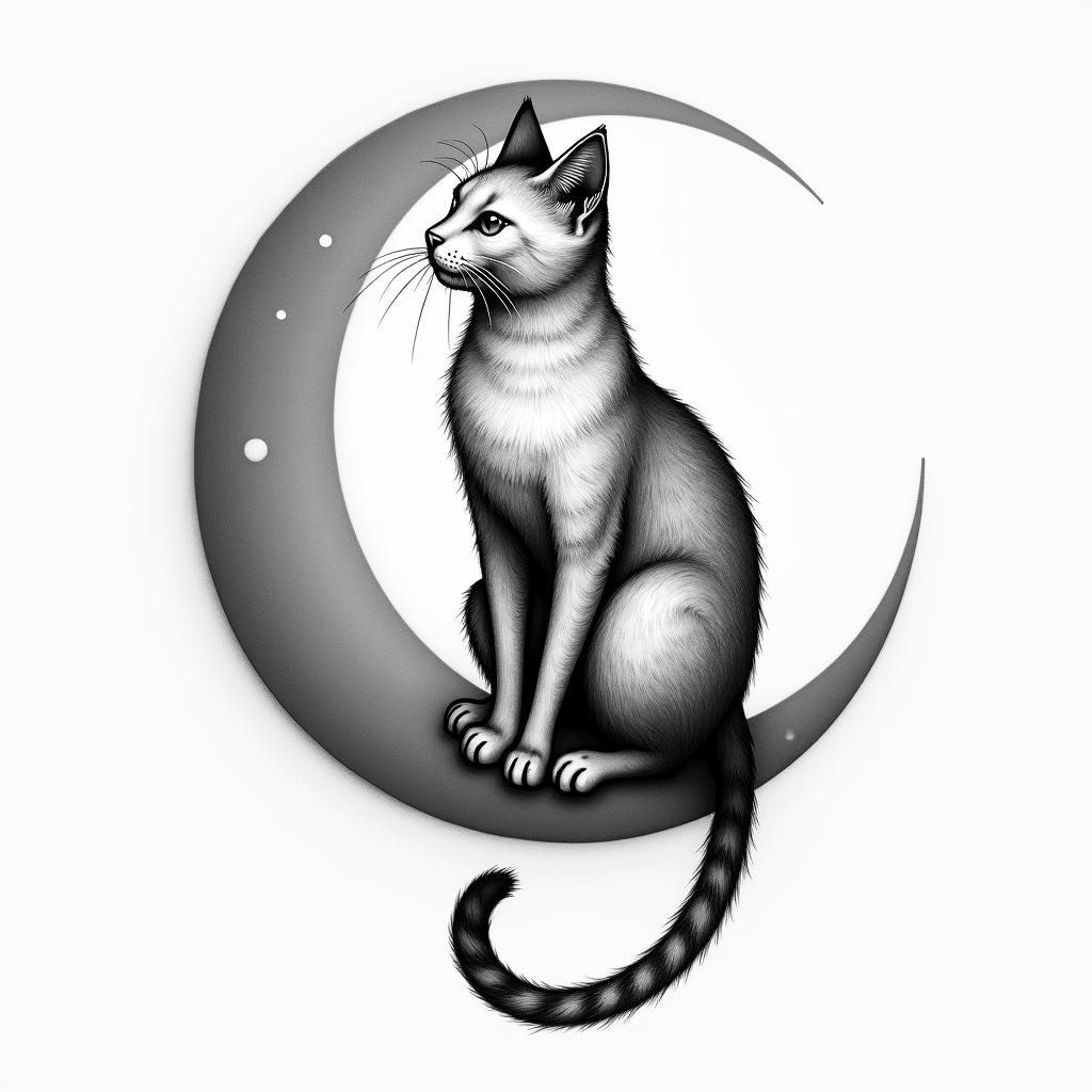 Cat sitting on moonhigly detailed tattoo - Variation 3