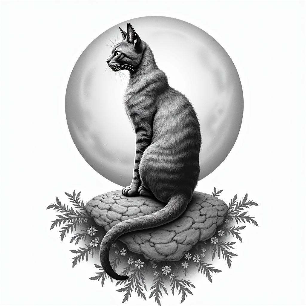 Cat sitting on moonhigly detailed tattoo - Variation 4