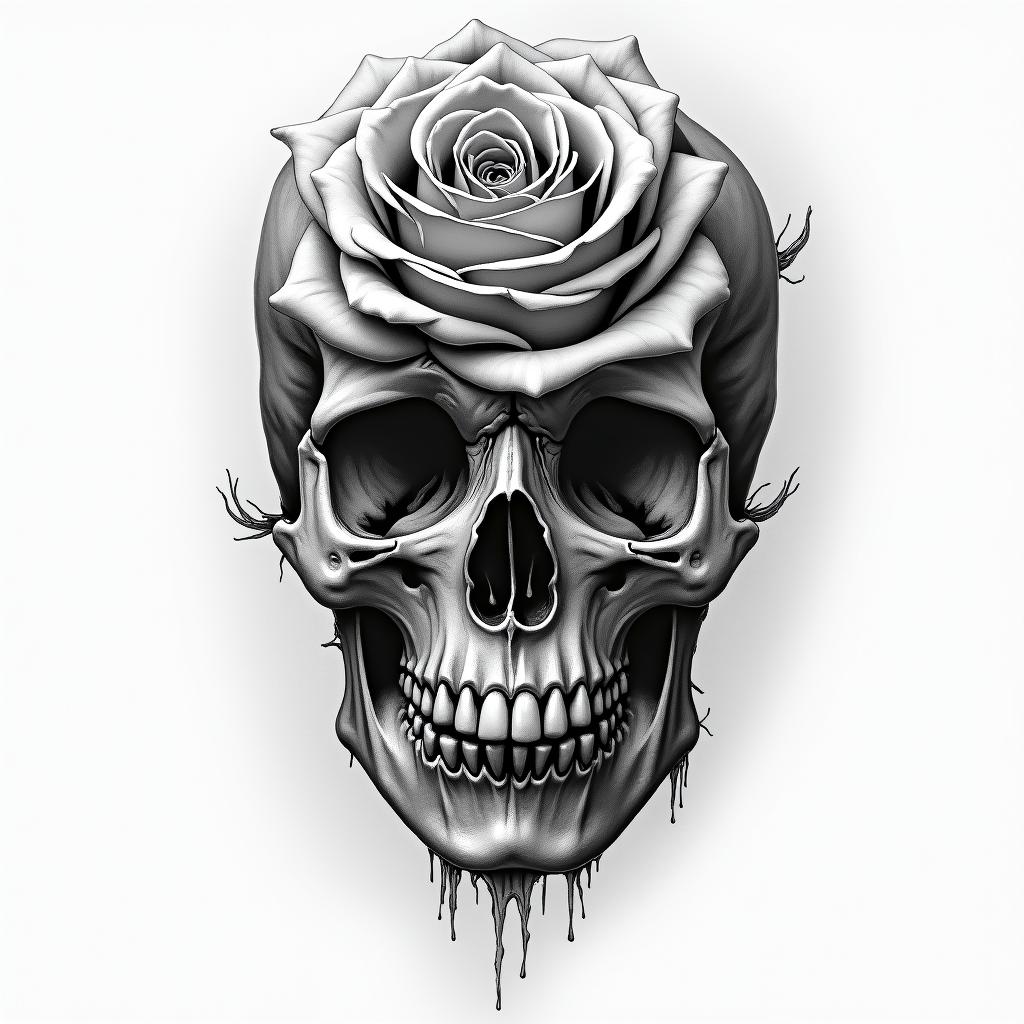 Music rose skullin portrait tattoo style, featuring a highly realistic and detailed depiction  - Variation 2