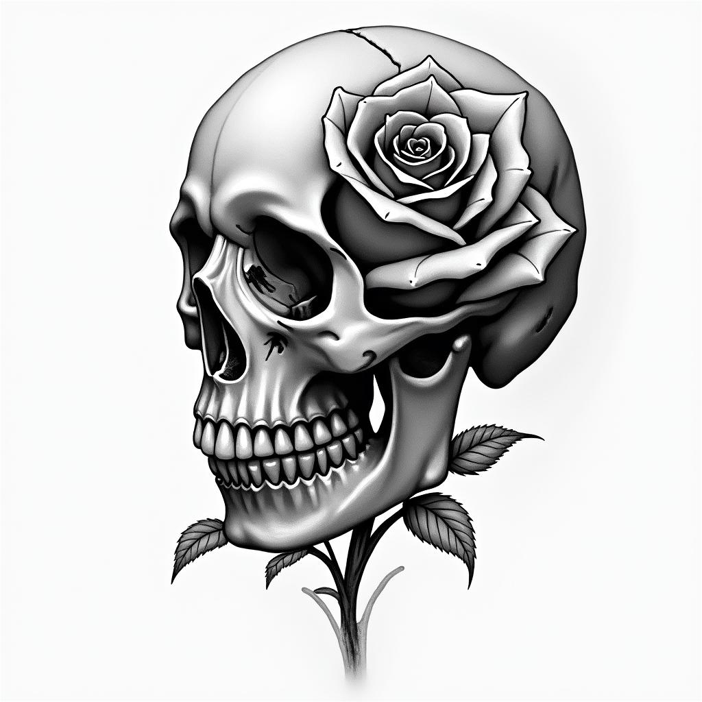 Music rose skullin portrait tattoo style, featuring a highly realistic and detailed depiction  - Variation 3