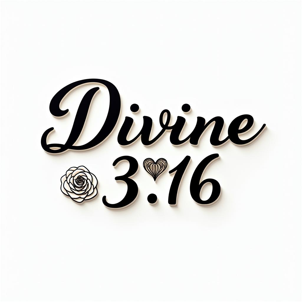 Divine 3:16in elegant cursive calligraphy style 2d tattoo, decorate with roses, featuring a smooth and flowing handwritten script with slightly thickened strokes for a luxurious and bold appearance,  heart symbol between names,  sleek and glossy black text with shadowing, minimalist matte white background, clean and sharp edges, illuminated with soft lighting, romantic, 8k, high-quality textures with refined typography