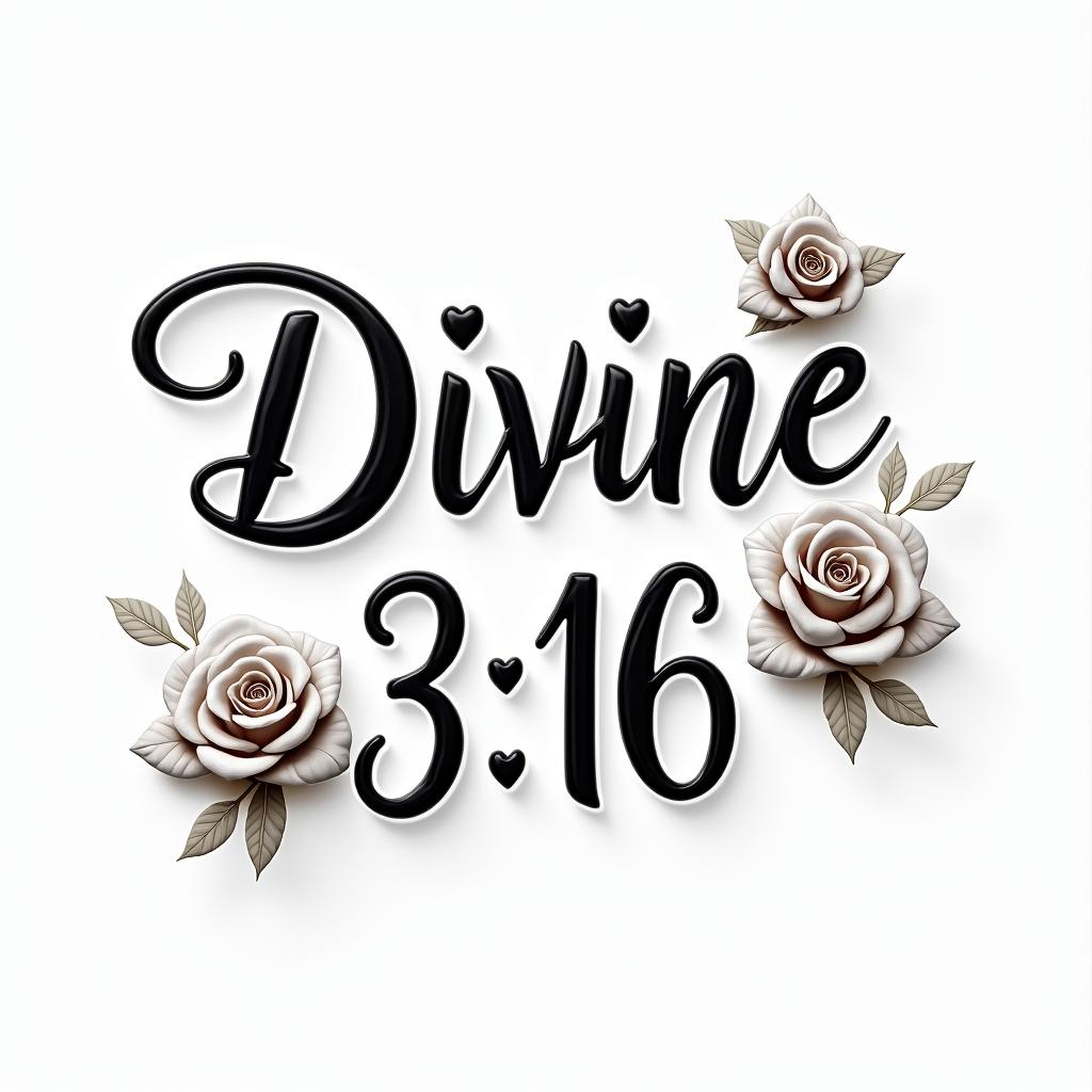 Divine 3:16in elegant cursive calligraphy style 2d tattoo, decorate with roses, featuring a smooth and flowing handwritten script with slightly thickened strokes for a luxurious and bold appearance,  heart symbol between names,  sleek and glossy black text with shadowing, minimalist matte white background, clean and sharp edges, illuminated with soft lighting, romantic, 8k, high-quality textures with refined typography - Variation 2