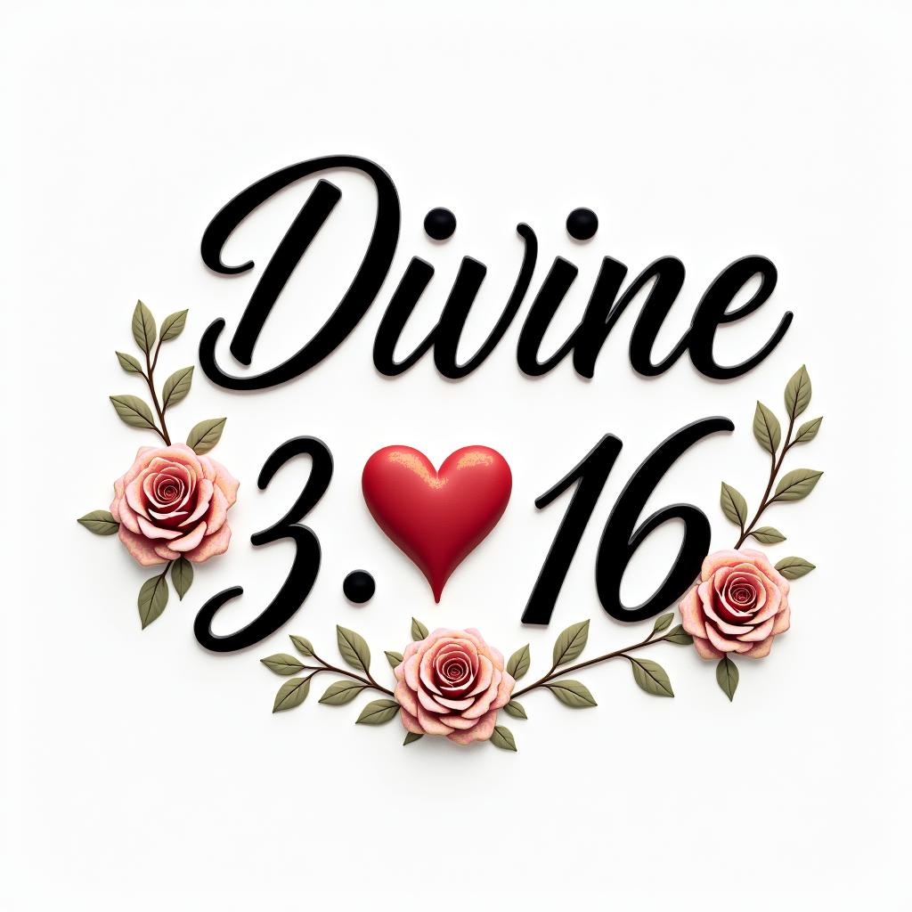 Divine 3:16in elegant cursive calligraphy style 2d tattoo, decorate with roses, featuring a smooth and flowing handwritten script with slightly thickened strokes for a luxurious and bold appearance,  heart symbol between names,  sleek and glossy black text with shadowing, minimalist matte white background, clean and sharp edges, illuminated with soft lighting, romantic, 8k, high-quality textures with refined typography - Variation 3