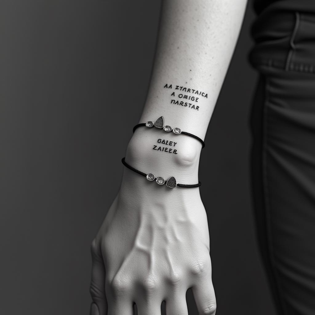 Make 3 bracelets with names 
Nate Jobe Kade Thea Grace Ted William Josie Elsie Winnie Estherin minimalist style tattoo, featuring simple shapes and fine lines, with minimal shading and details, tiny triangles, creating a sense of balance and harmony - Variation 2