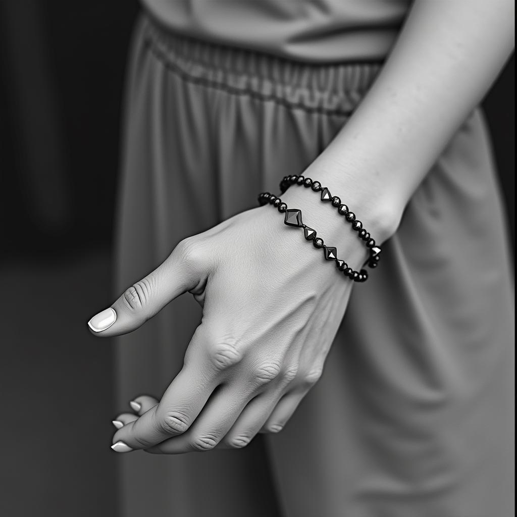 Make 3 bracelets with names 
Nate Jobe Kade Thea Grace Ted William Josie Elsie Winnie Estherin minimalist style tattoo, featuring simple shapes and fine lines, with minimal shading and details, tiny triangles, creating a sense of balance and harmony - Variation 4