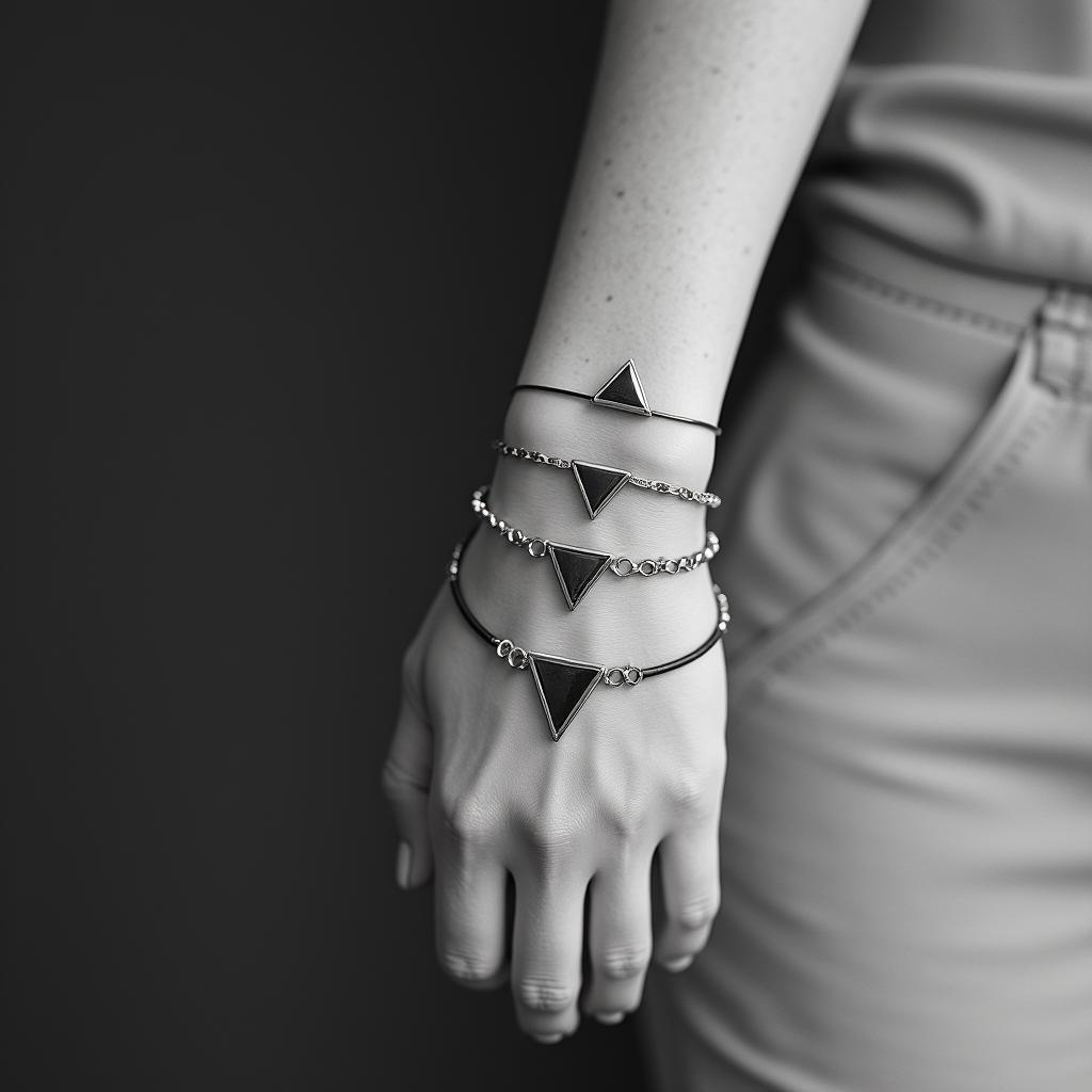Make 3 bracelets with names 
Nate Jobe Kade Thea Grace Ted William Josie Elsie Winnie Estherin minimalist style tattoo, featuring simple shapes and fine lines, with minimal shading and details, tiny triangles, creating a sense of balance and harmony
