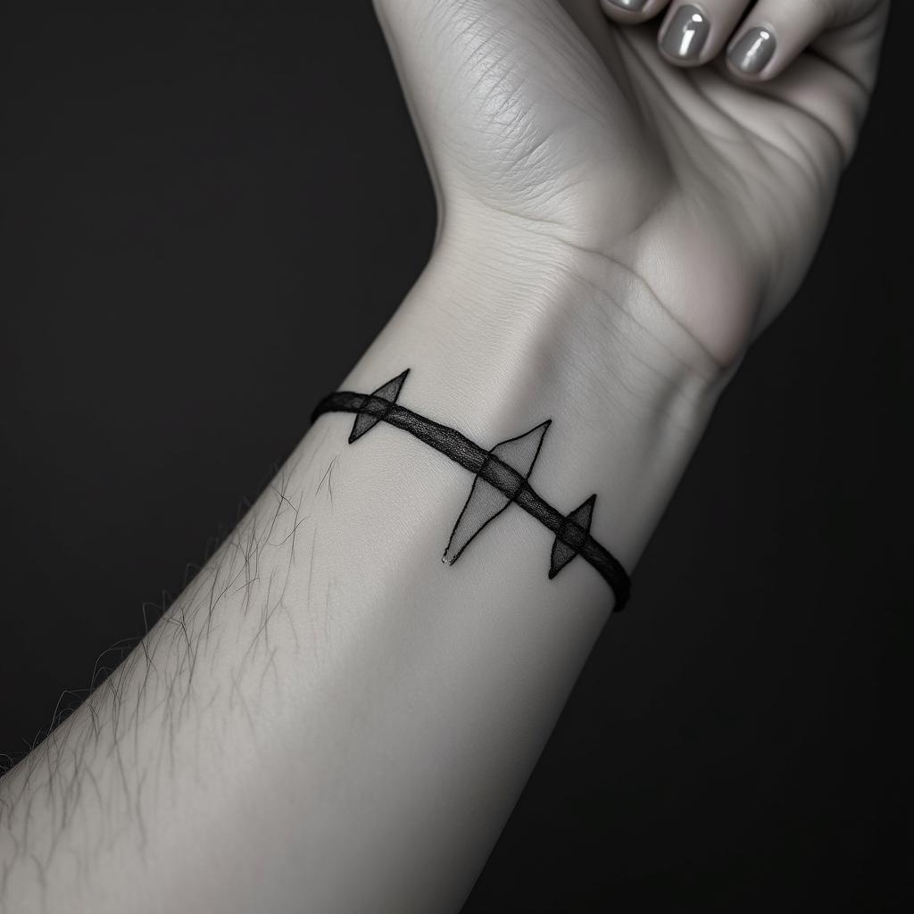Make 3 bracelets with names 
Nate Jobe Kade Thea Grace Ted William Josie Elsie Winnie Estherin minimalist style tattoo, featuring simple shapes and fine lines, with minimal shading and details, tiny triangles, creating a sense of balance and harmony - Variation 3