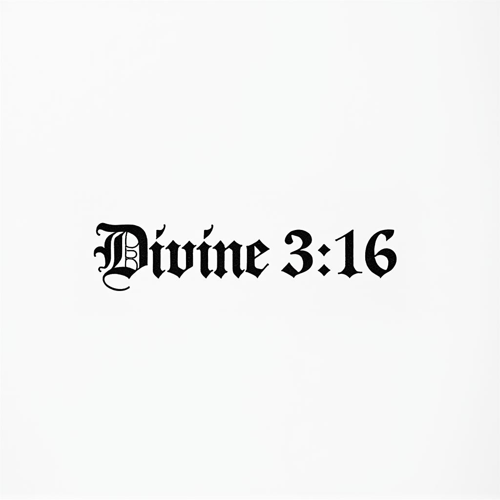 Divine 3:16minimalist text-based tattoo, Monospace font ultra-realistic, perfectly placed, high-quality font design, photo-realistic shading, 8k, high quality, finely detailed typograph