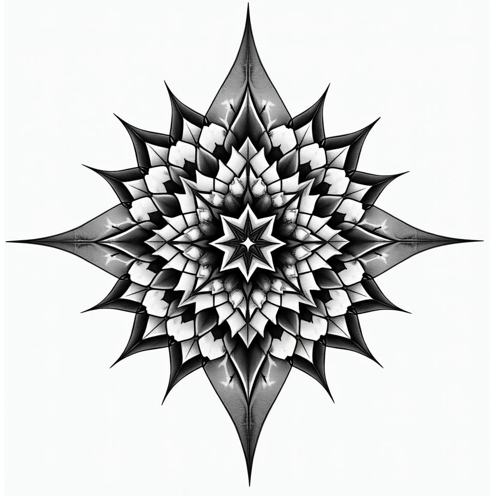 Andrew James Asher Lane in geometric style tattoo, blending hexagons, mandala-inspired patterns, symmetrical and fractal design, clean lines, sharp angles