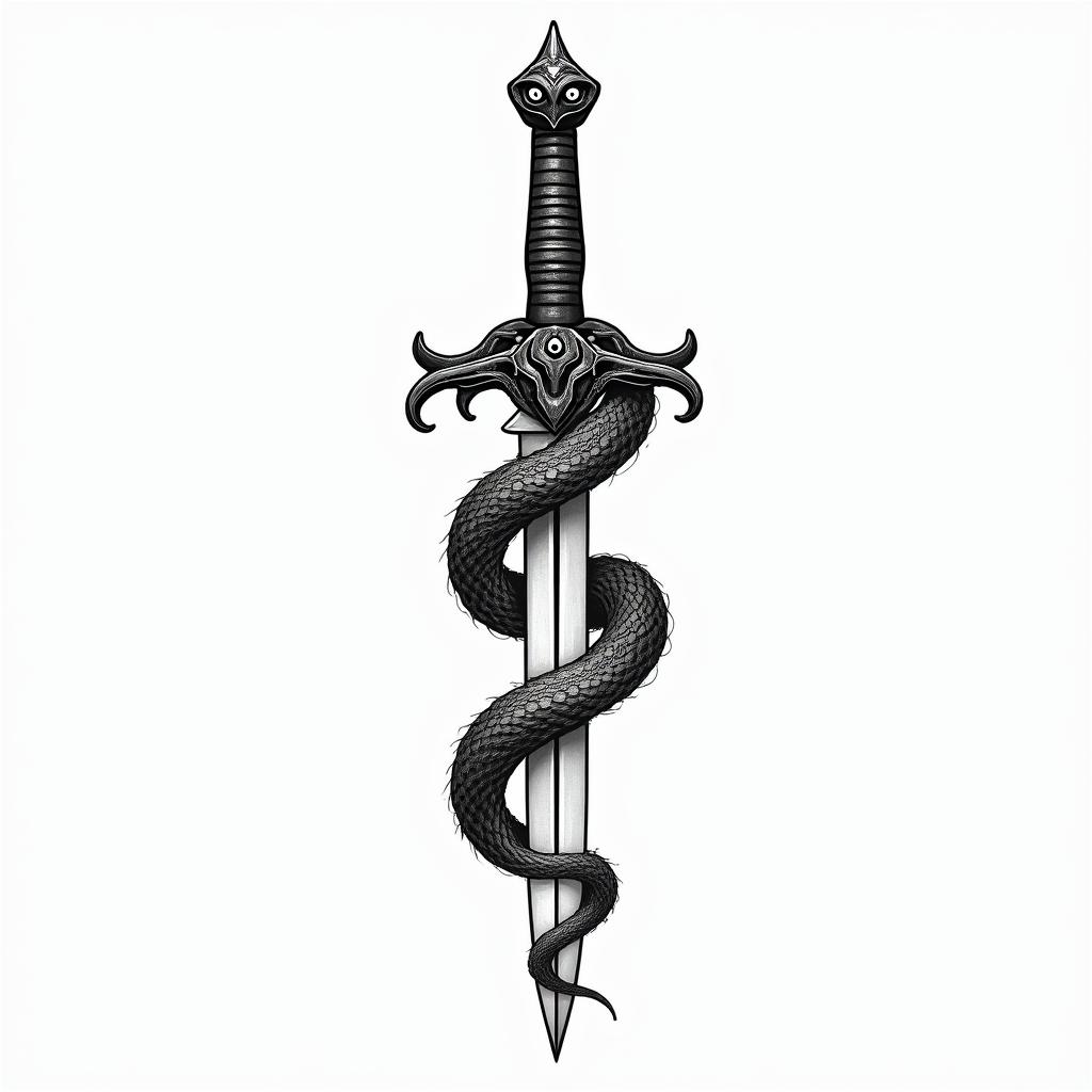 Snake wrapped around a dagger with an evil eye on the daggerin japanese style tattoo, detailed tattoo, traditional japanese culture tattoo, mythology, 8k - Variation 13