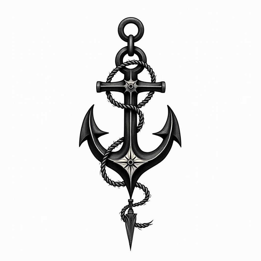 Anchor with nautical rope and compasshigly detailed tattoo - Variation 29