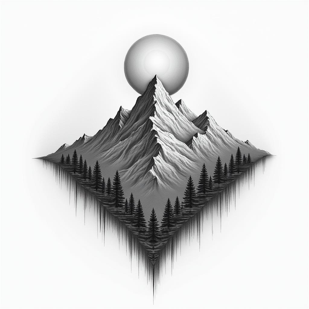 Mountain range with a rising sunhigly detailed tattoo - Variation 27