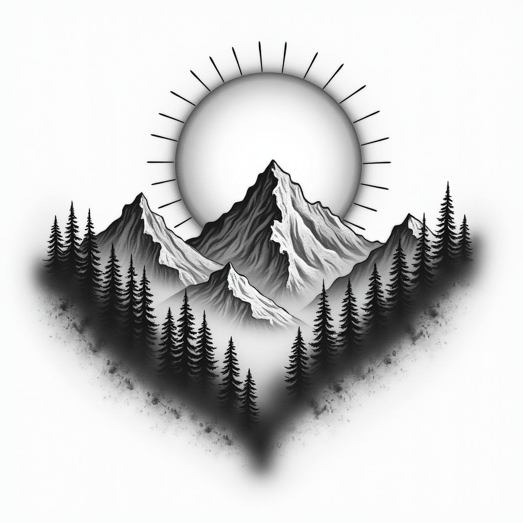 Mountain range with a rising sunhigly detailed tattoo - Variation 29