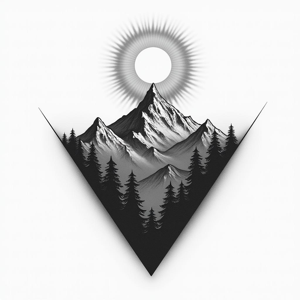 Mountain range with a rising sunhigly detailed tattoo - Variation 26