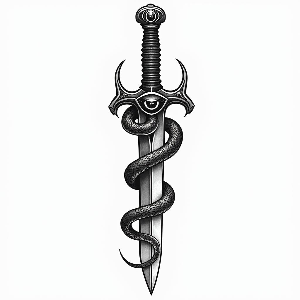 Snake wrapped around a dagger with an evil eye on the daggerin japanese style tattoo, detailed tattoo, traditional japanese culture tattoo, mythology, 8k - Variation 10