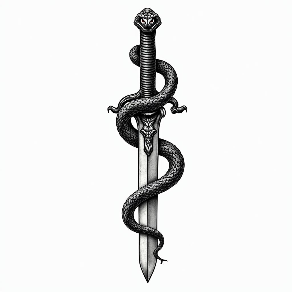 Snake wrapped around a dagger with an evil eye on the daggerin japanese style tattoo, detailed tattoo, traditional japanese culture tattoo, mythology, 8k - Variation 9