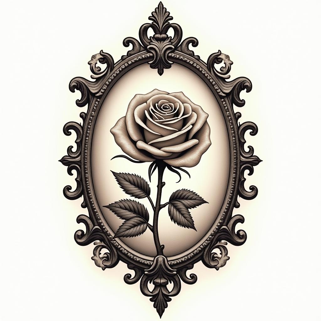 Music rosein victorian style tattoo, featuring vintage and elegant elements, ornate frames, roses, antique, sepia-toned color scheme - Variation 3
