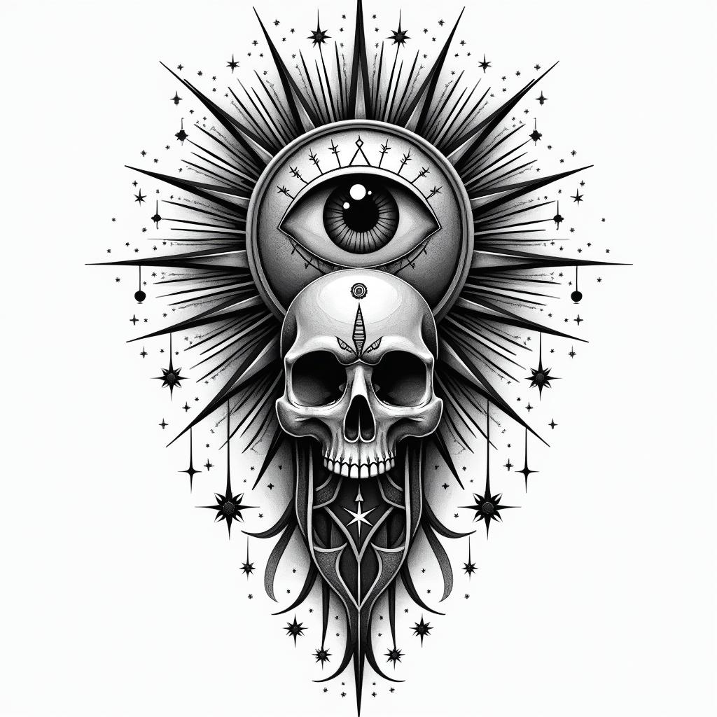 Kingin prophecy tattoo style, featuring mystical symbols, celestial imagery like stars, moons, suns, geometric patterns, foretelling elements, an eye of wisdom - Variation 2