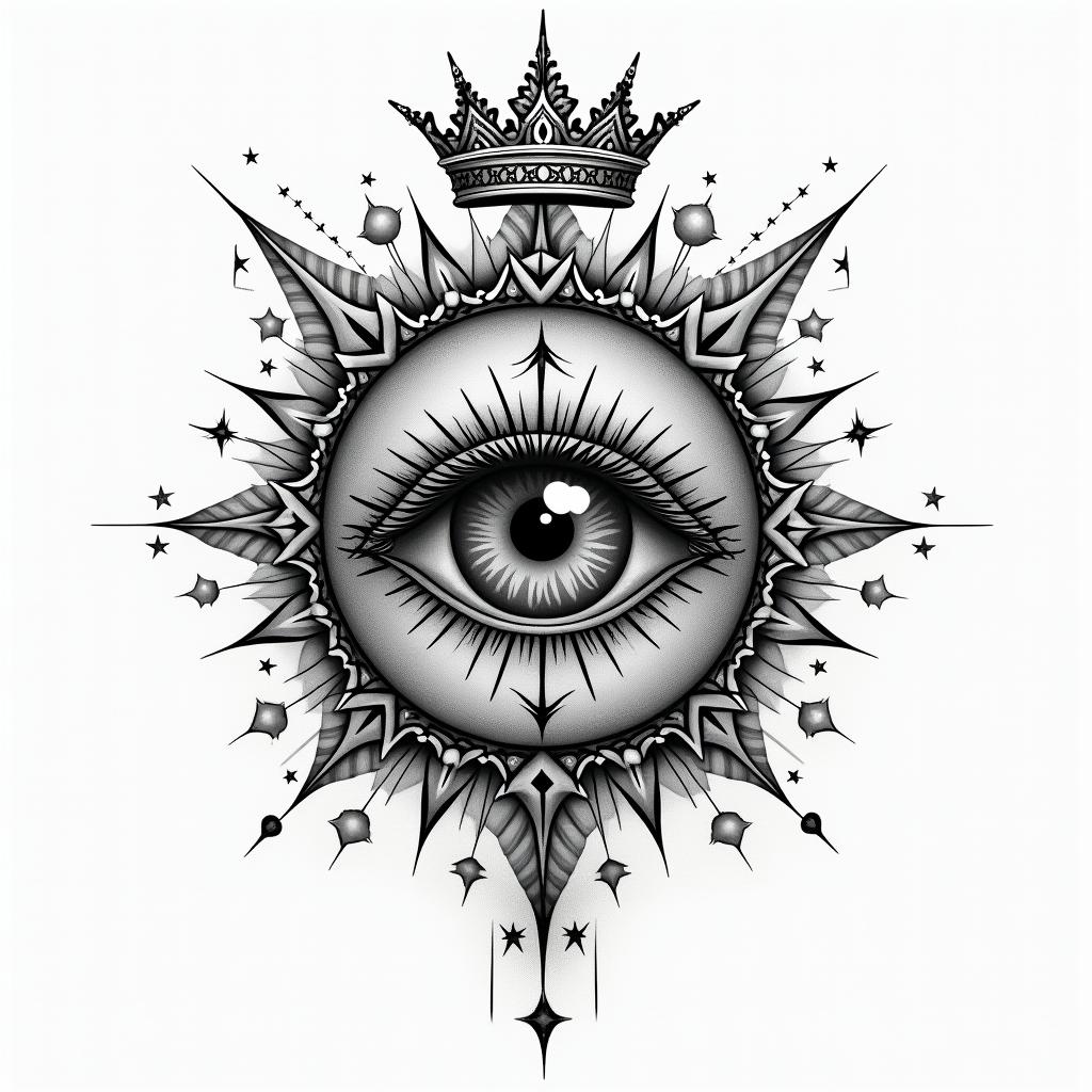 Kingin prophecy tattoo style, featuring mystical symbols, celestial imagery like stars, moons, suns, geometric patterns, foretelling elements, an eye of wisdom - Variation 3