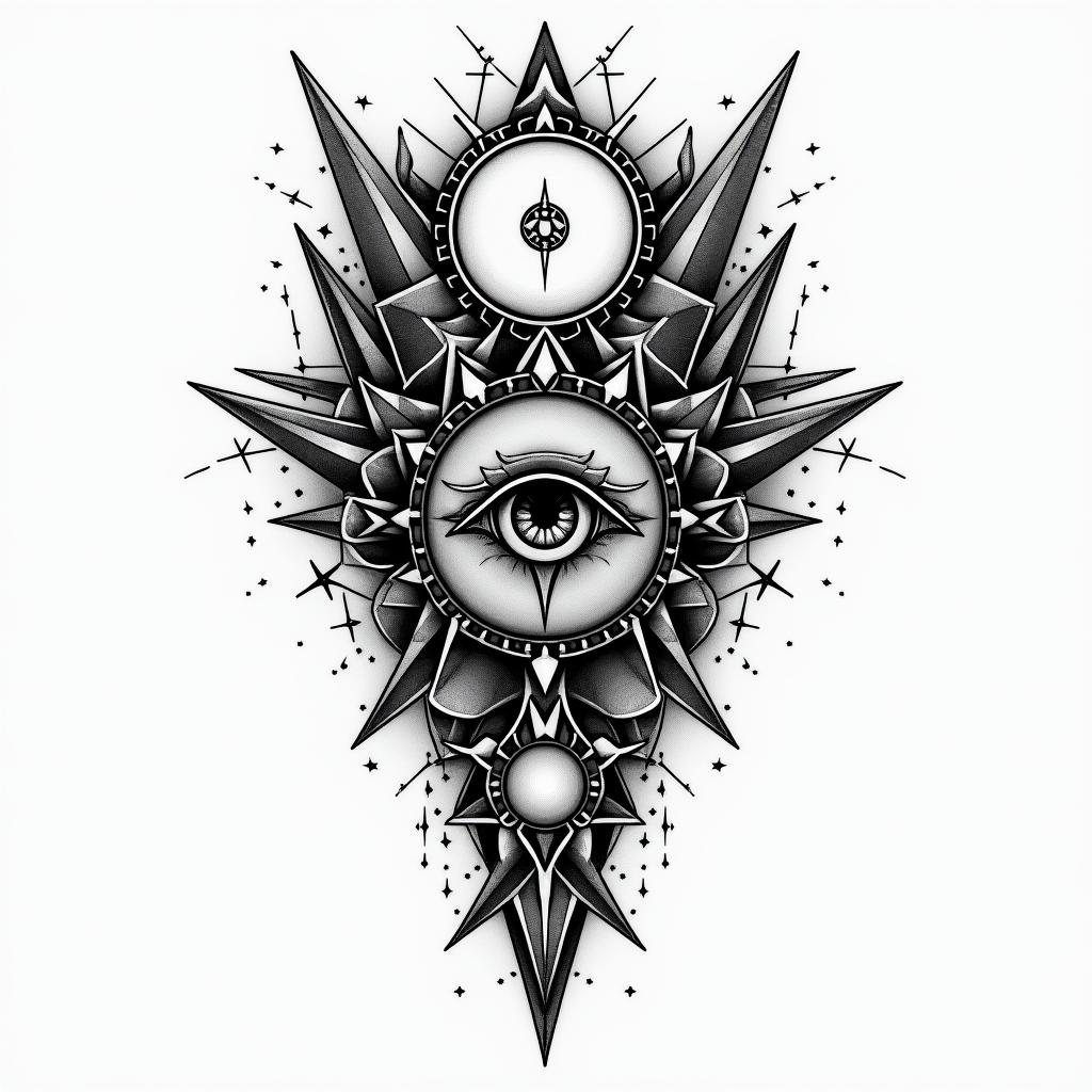 Kingin prophecy tattoo style, featuring mystical symbols, celestial imagery like stars, moons, suns, geometric patterns, foretelling elements, an eye of wisdom
