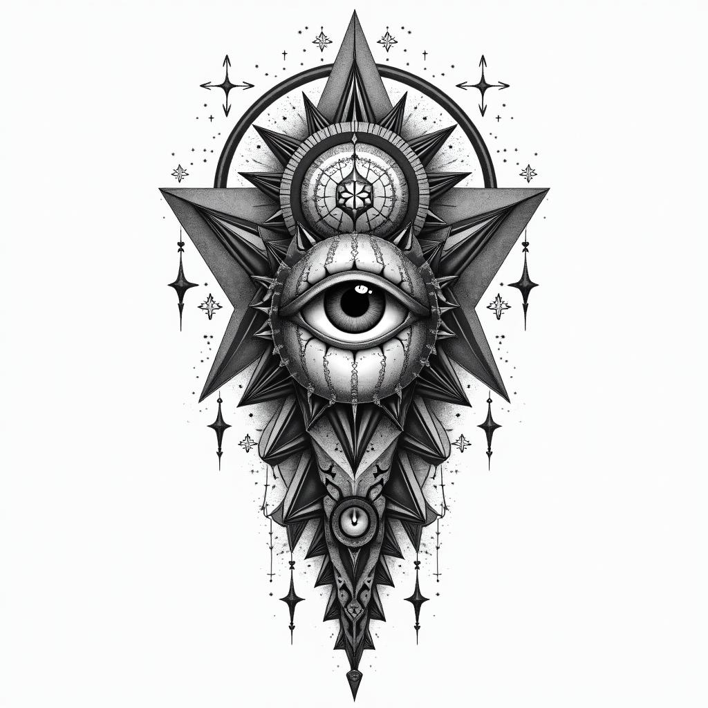Kingin prophecy tattoo style, featuring mystical symbols, celestial imagery like stars, moons, suns, geometric patterns, foretelling elements, an eye of wisdom - Variation 4