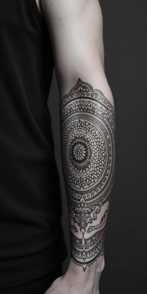 Andrew James Asher Lanein dotwork style tattoo, complex mandala patterns, interlocking geometric shapes with sharp symmetry, clean lines, sharp angles - Variation 5